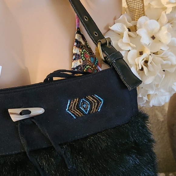 NWOT BO HO BEADED BLACK SUEDE FAUX FUR HANDBAG - Picture 12 of 16